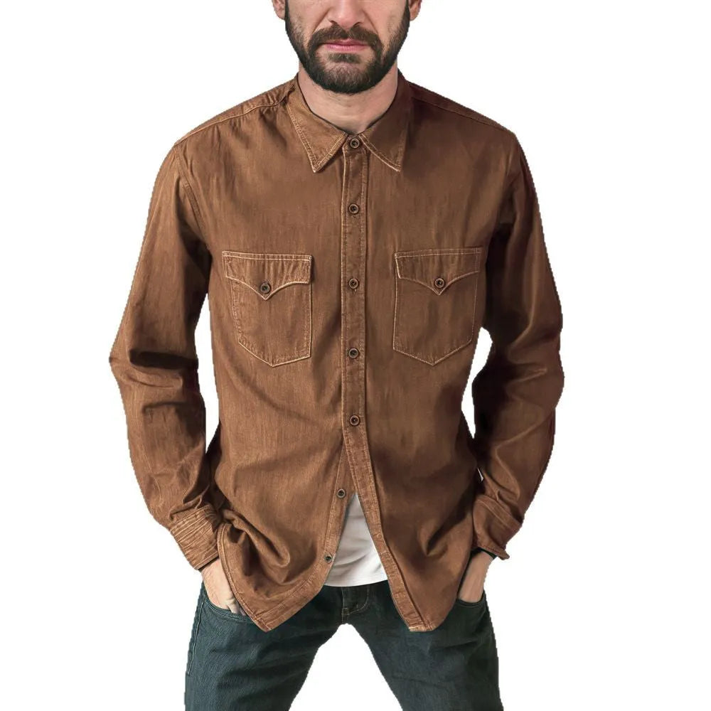 A regular-fit denim cardigan coat in khaki hanging on a rail.