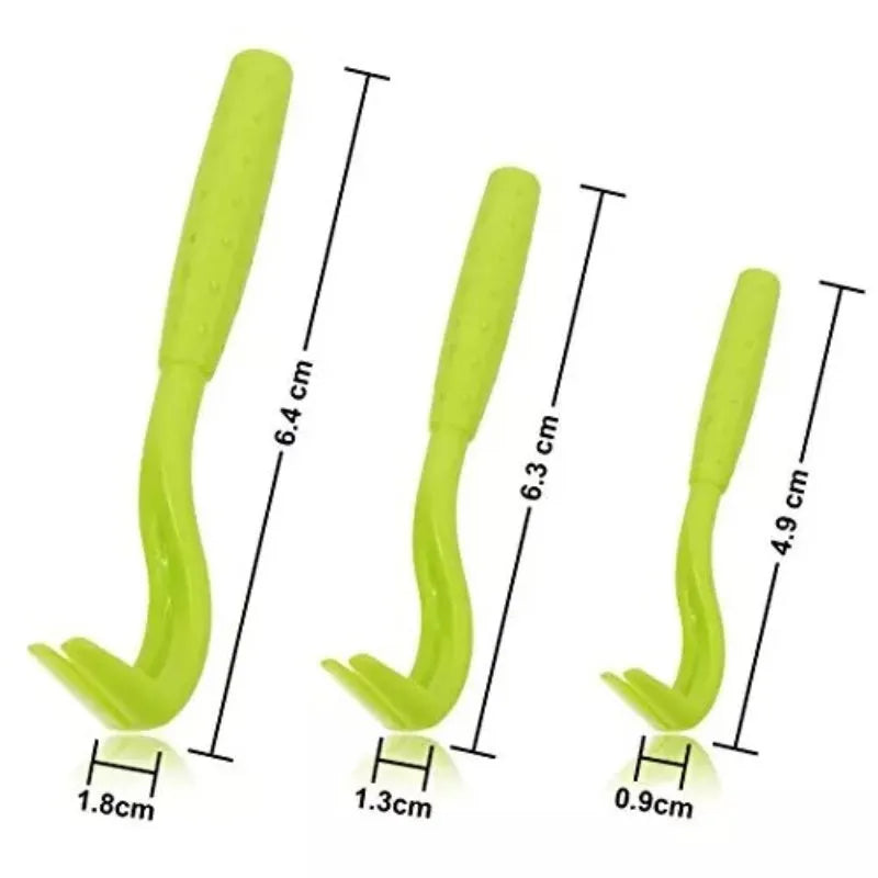 Three plastic pet tick removal hooks in blue and green colours for dog and cat parasite elimination