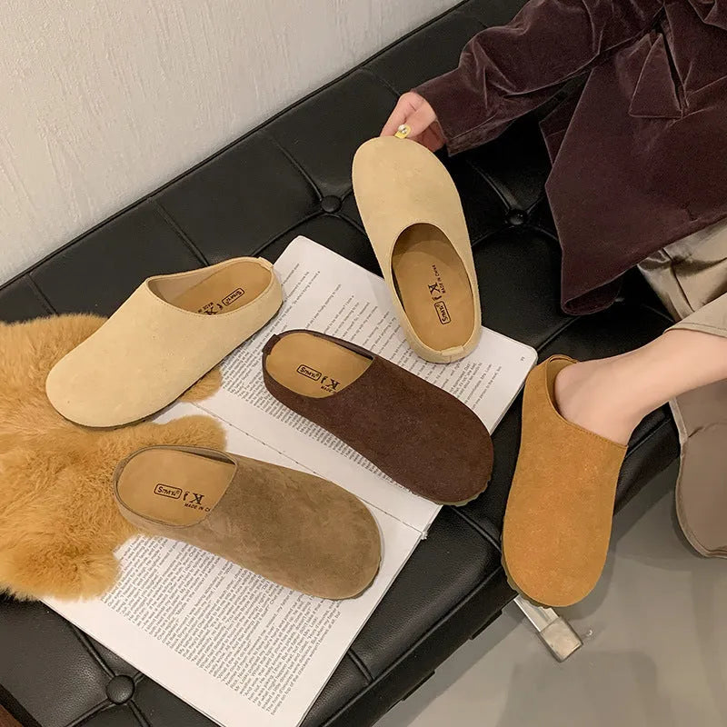 Boken Korean-style flat outdoor slippers in apricot, slip-on design with square toe and microfiber upper.