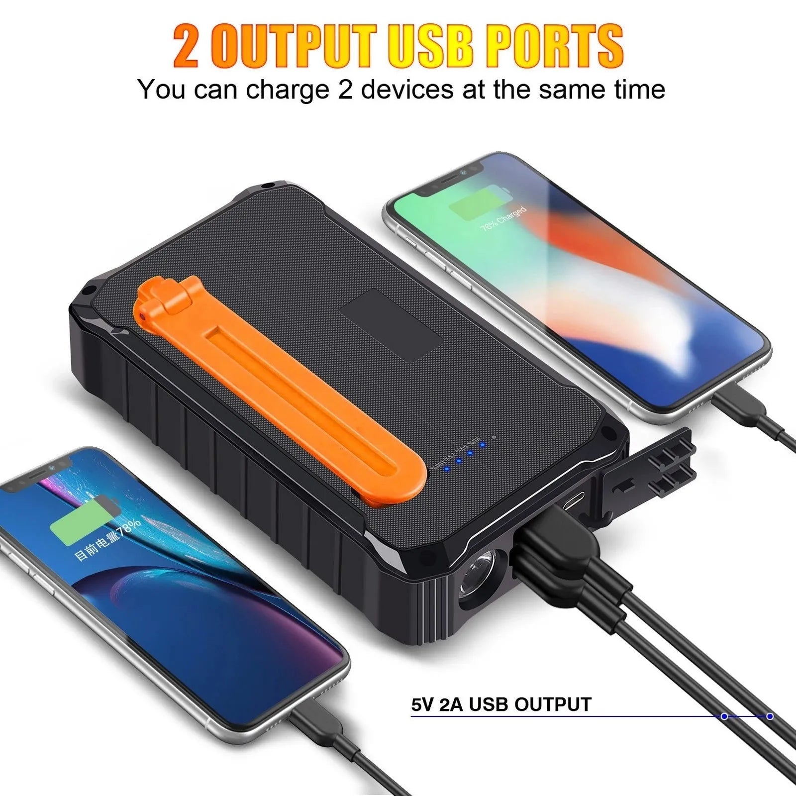 Orange and green portable solar hand crank power bank with USB ports and LED light.