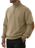 Men's casual jacquard small plaid stand collar long-sleeved sweater in khaki, polyester blend, full front view