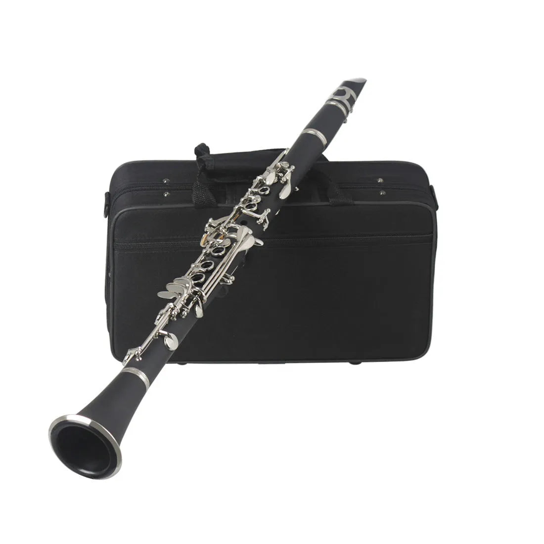 Black Bakelite clarinet with nickel-plated keys next to its protective carry bag.