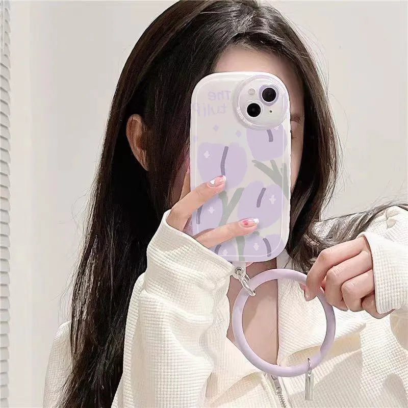 Purple tulip transparent phone case for iPhone with matching bracelet accessory