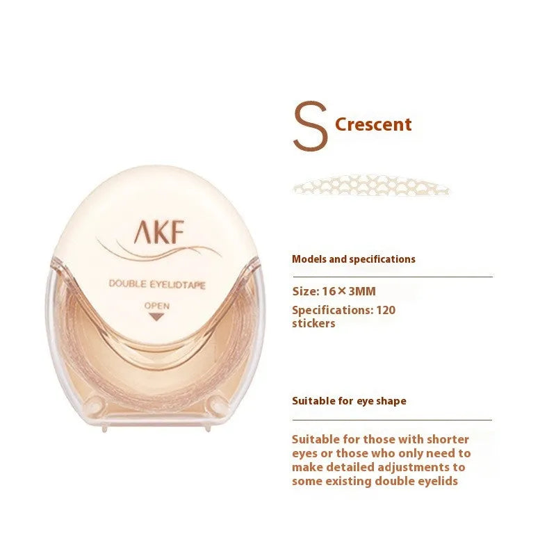 Double eyelid stickers in three lace patterns: Crescent S, Crescent M, and Olive M with 120 stickers per pack