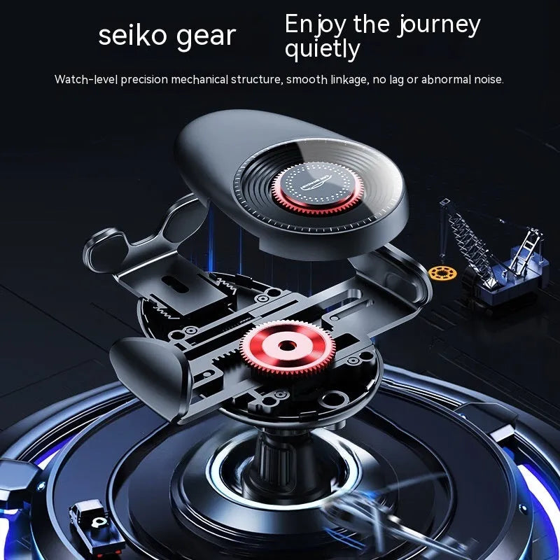 Black car mobile phone bracket with mechanical support frame for air vent mounting