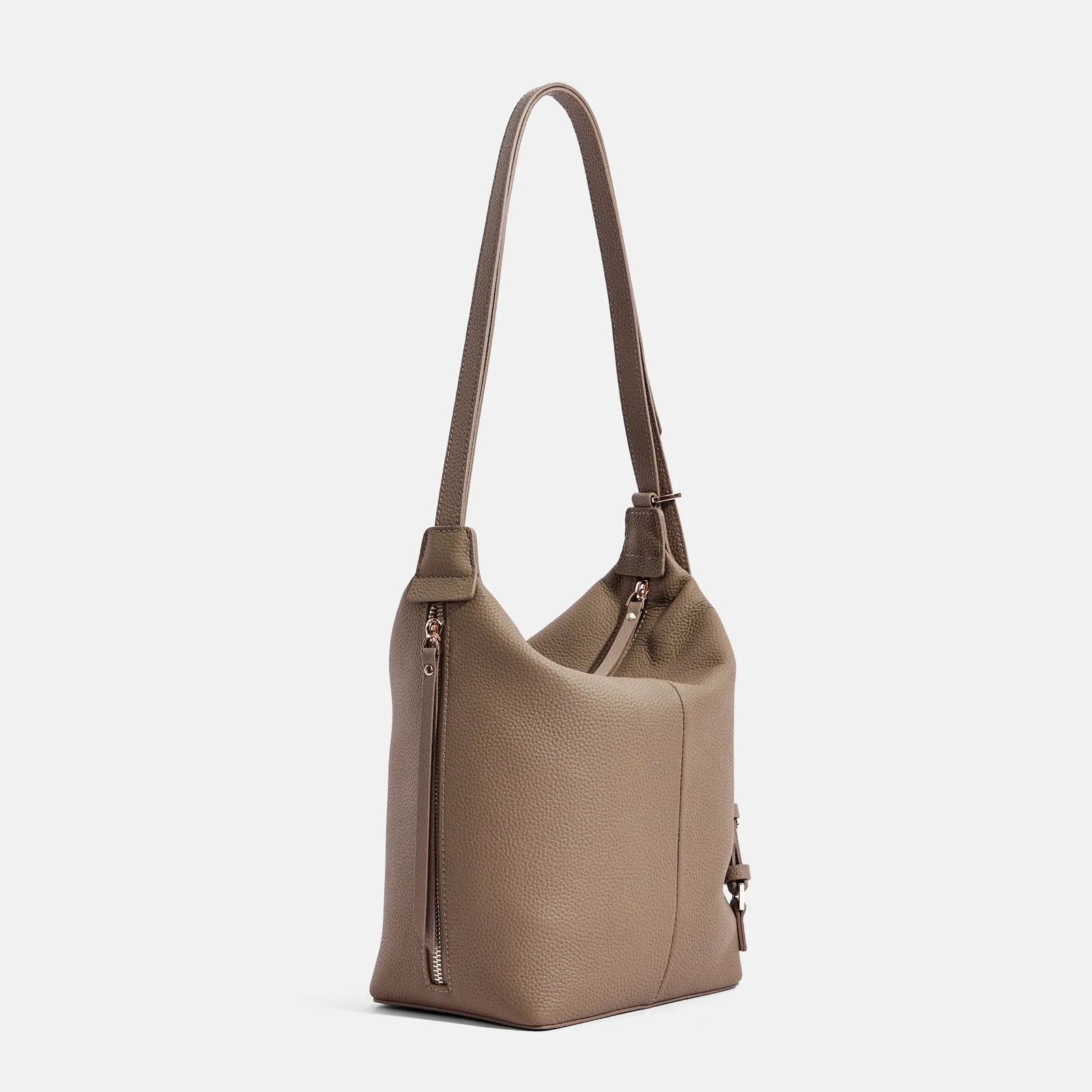 Soft genuine cowhide women's bucket shoulder bag in elephant grey, shown from the side.