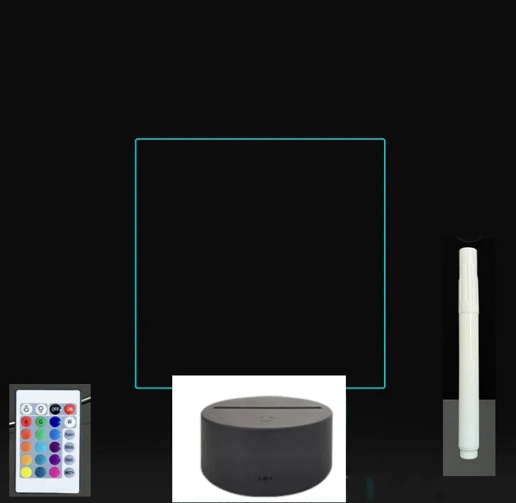 3D acrylic LED message board with touch control, black ABS base, USB cable, and stylus pen on desk