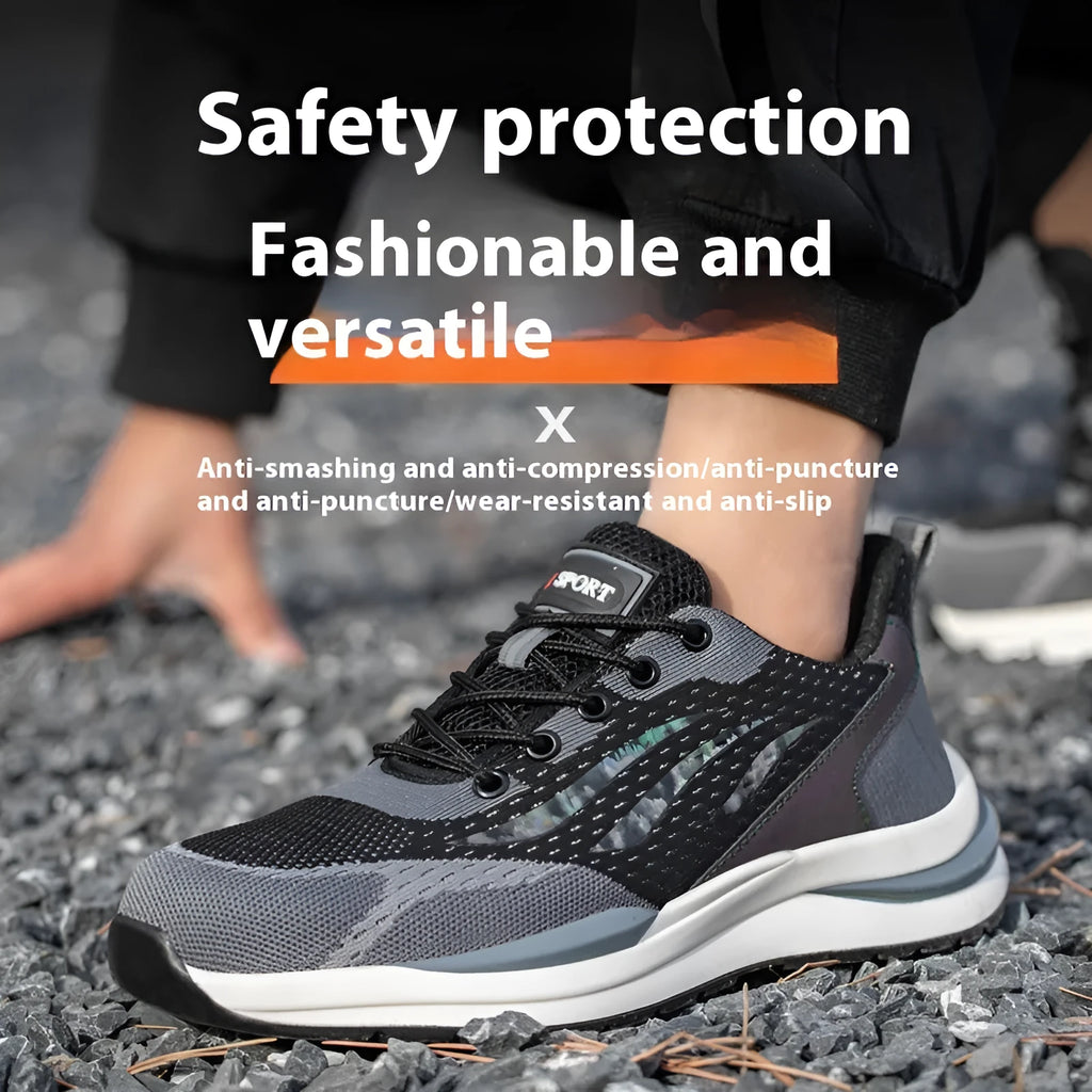 Men's black and grey low-top insulated safety shoes with plastic toe cap and lace-up closure.