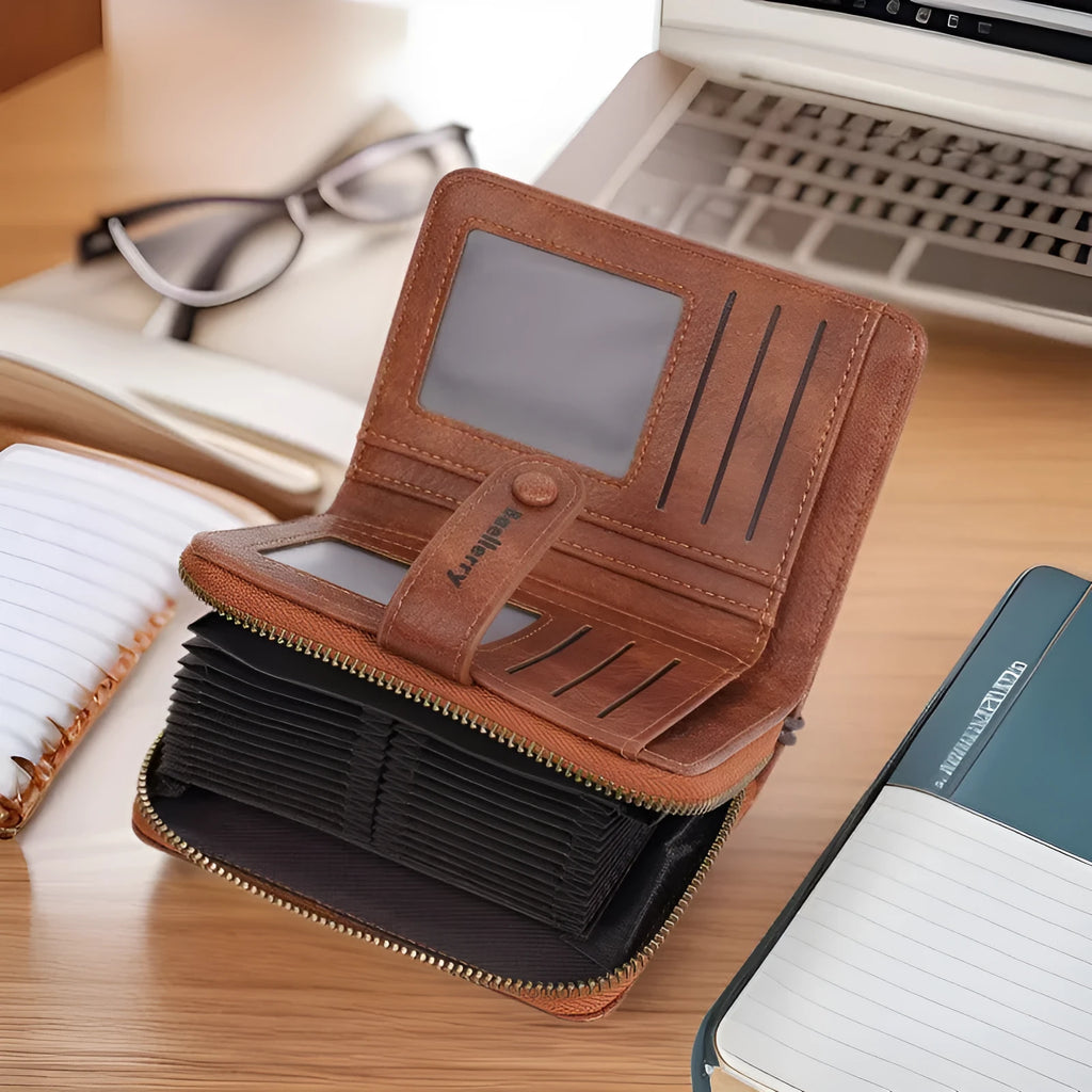 A compact black PU leather women's zip coin purse with an integrated card holder.