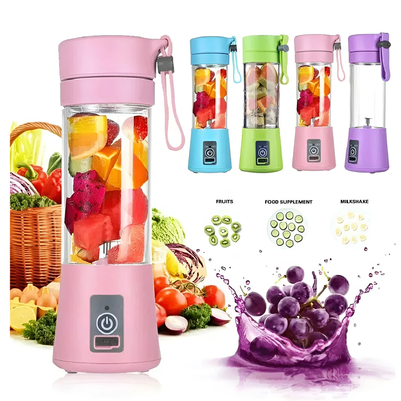 Portable USB rechargeable blender with pink plastic cup and six-blade design