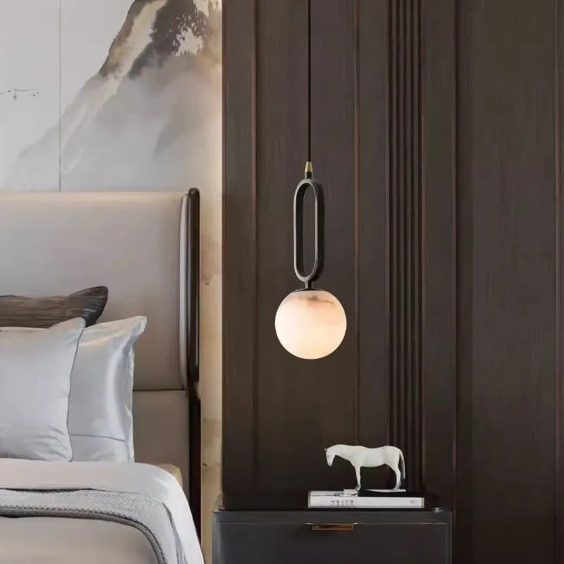 Nordic creative wall light bulb with marble shade and copper frame in black finish, 15cm diameter