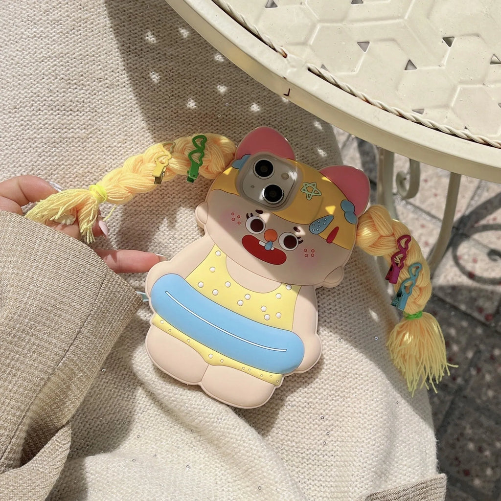 Cartoon yellow braid swim ring girl silicone anti-fall phone case for iPhone