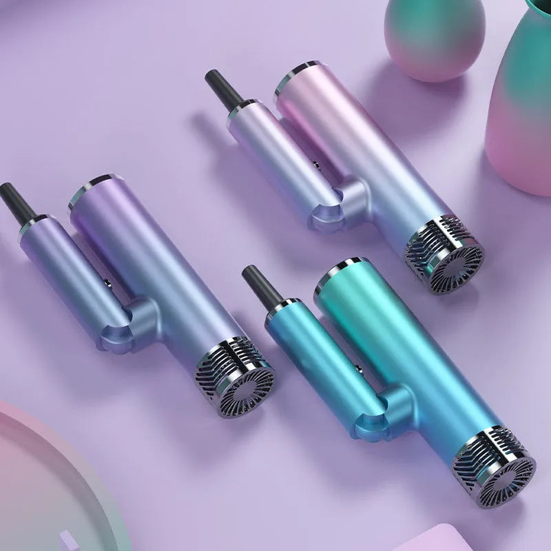 Green and purple foldable portable hair dryer with a compact, lightweight design shown open and folded.