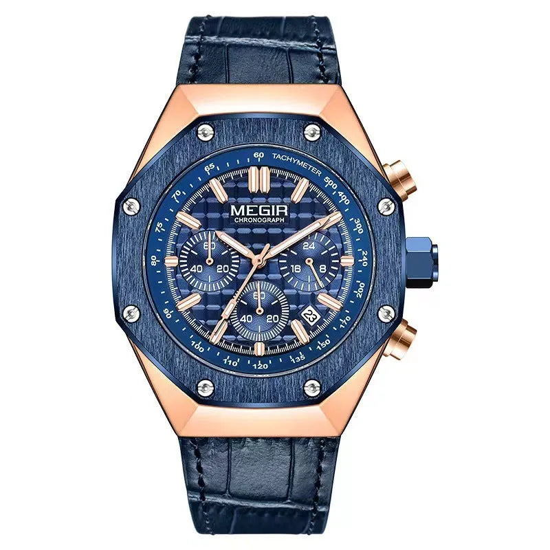 Men's waterproof quartz watch with 13mm thickness showing blue strap and steel strap options