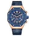Men's waterproof quartz watch with 13mm thickness showing blue strap and steel strap options