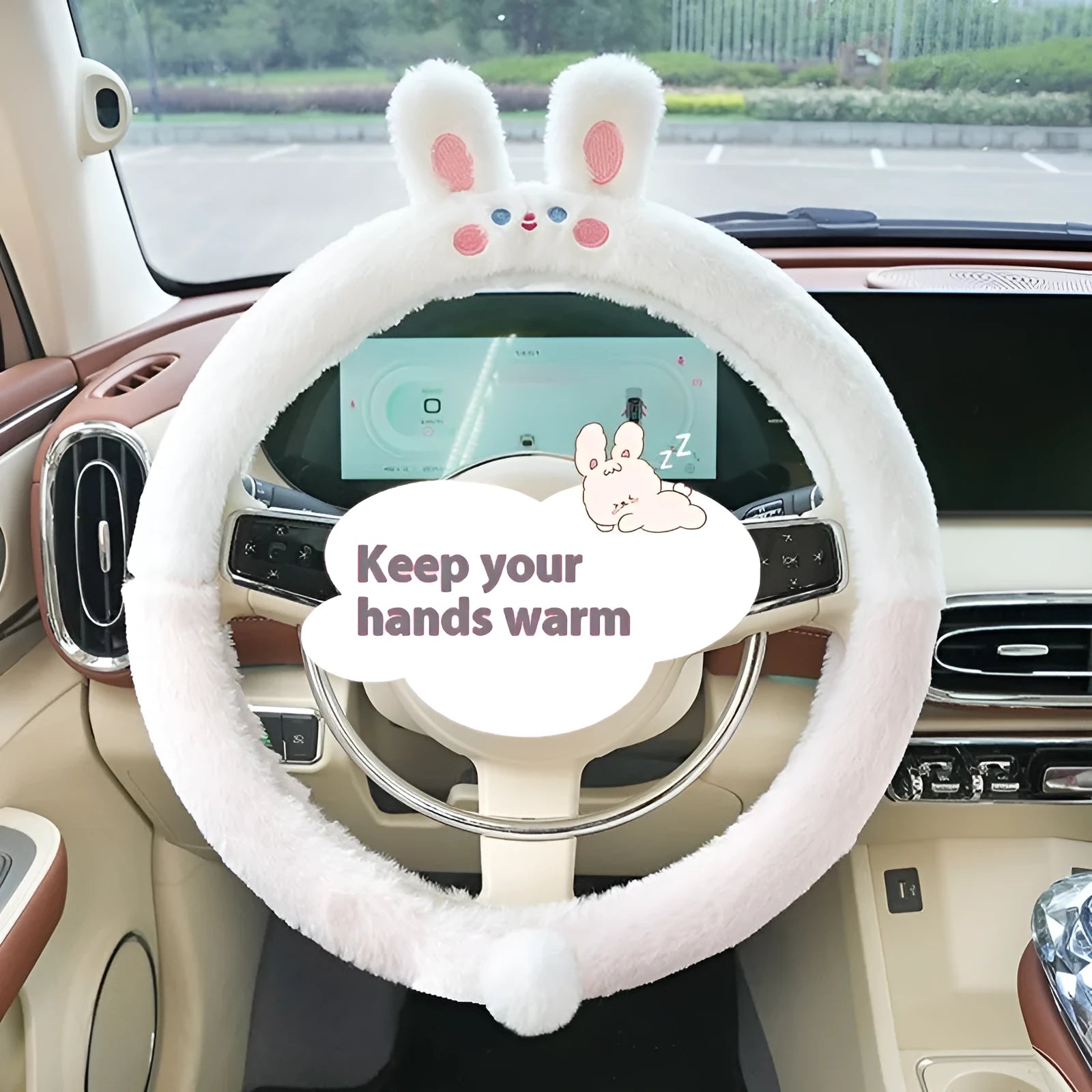Plush winter steering wheel cover with embroidered bear design, shown on a car steering wheel.