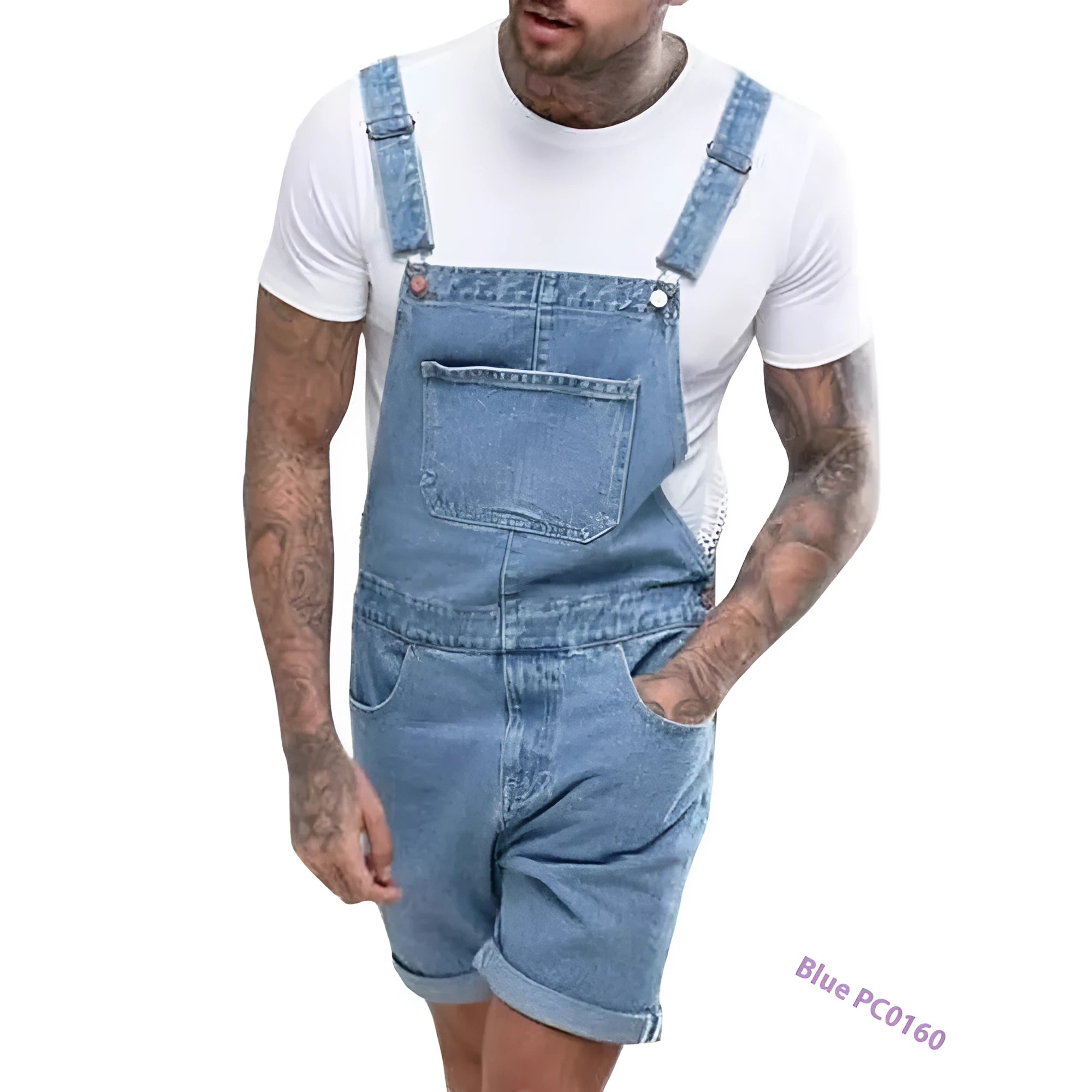 Men's black denim suspender trousers with straight legs and a zip fly on a hanger.