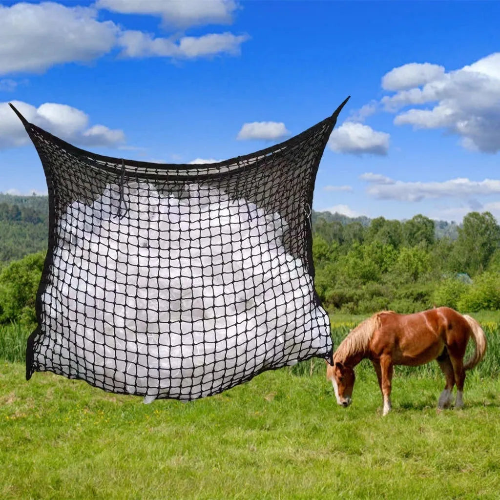 Woven PE rope grid pattern hanging feeding bag for livestock in multiple sizes