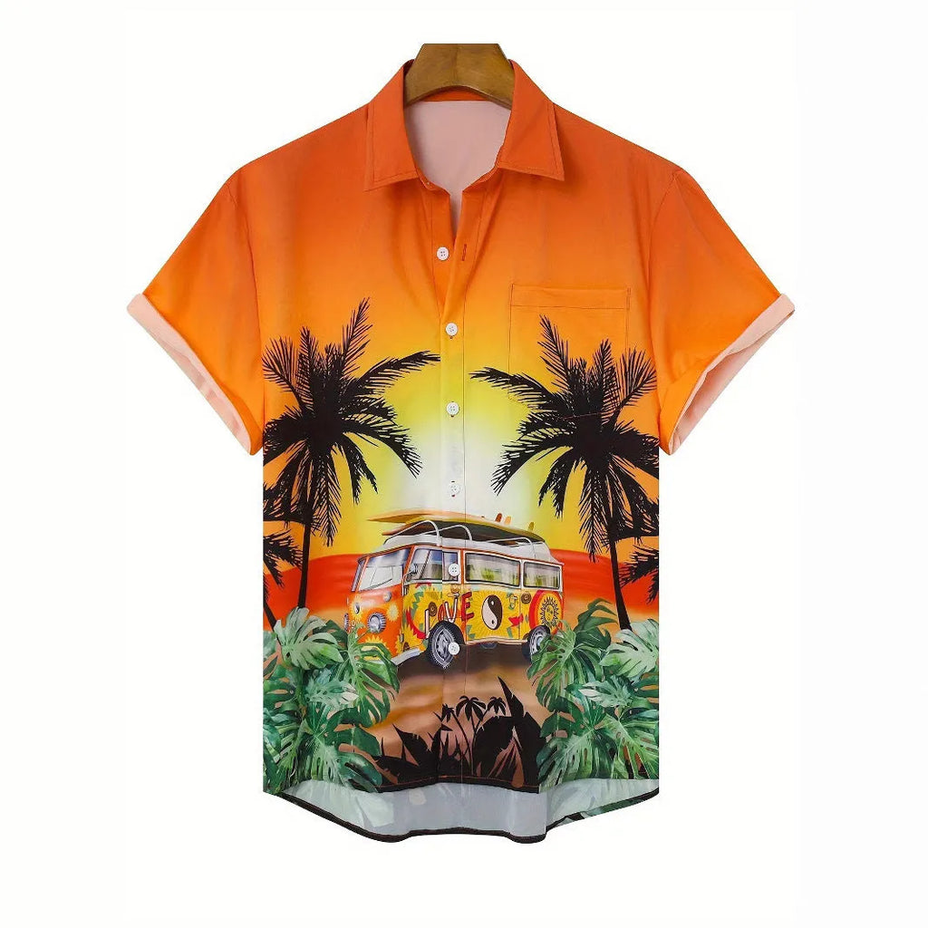 Man wearing a loose-fitting short sleeve shirt with a bold 3D floral print pattern.