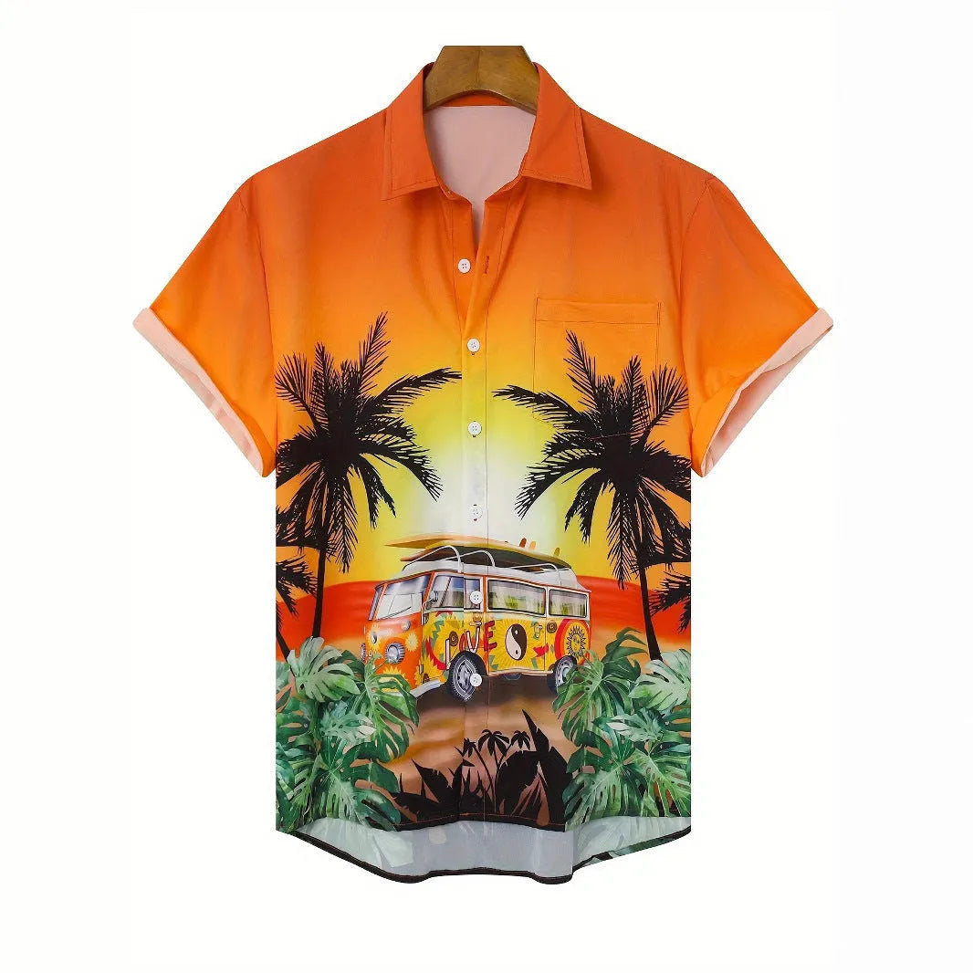 Man wearing a loose-fitting short sleeve shirt with a bold 3D floral print pattern.