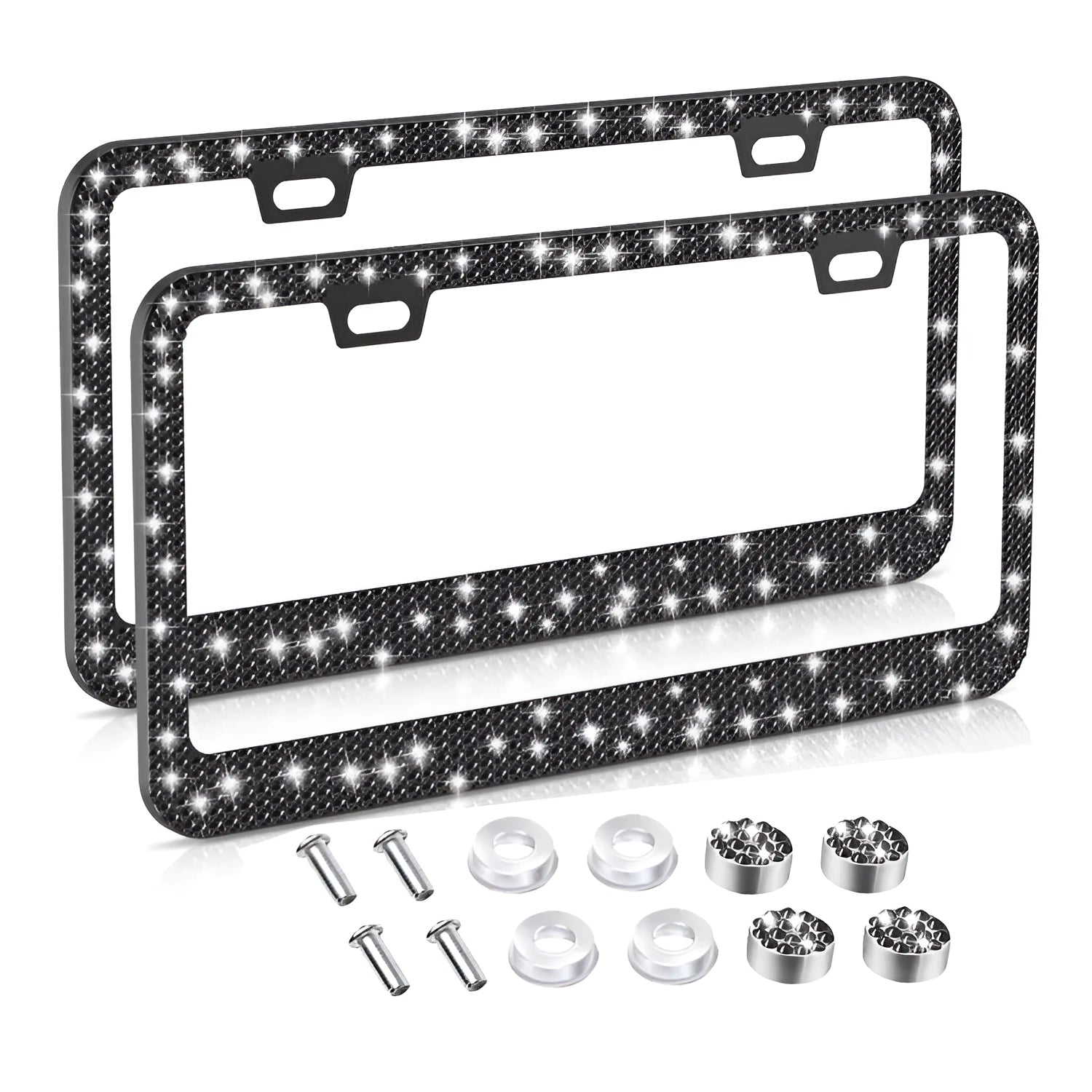 White diamond-studded stainless steel licence plate frame on a car showing 160x310mm external size
