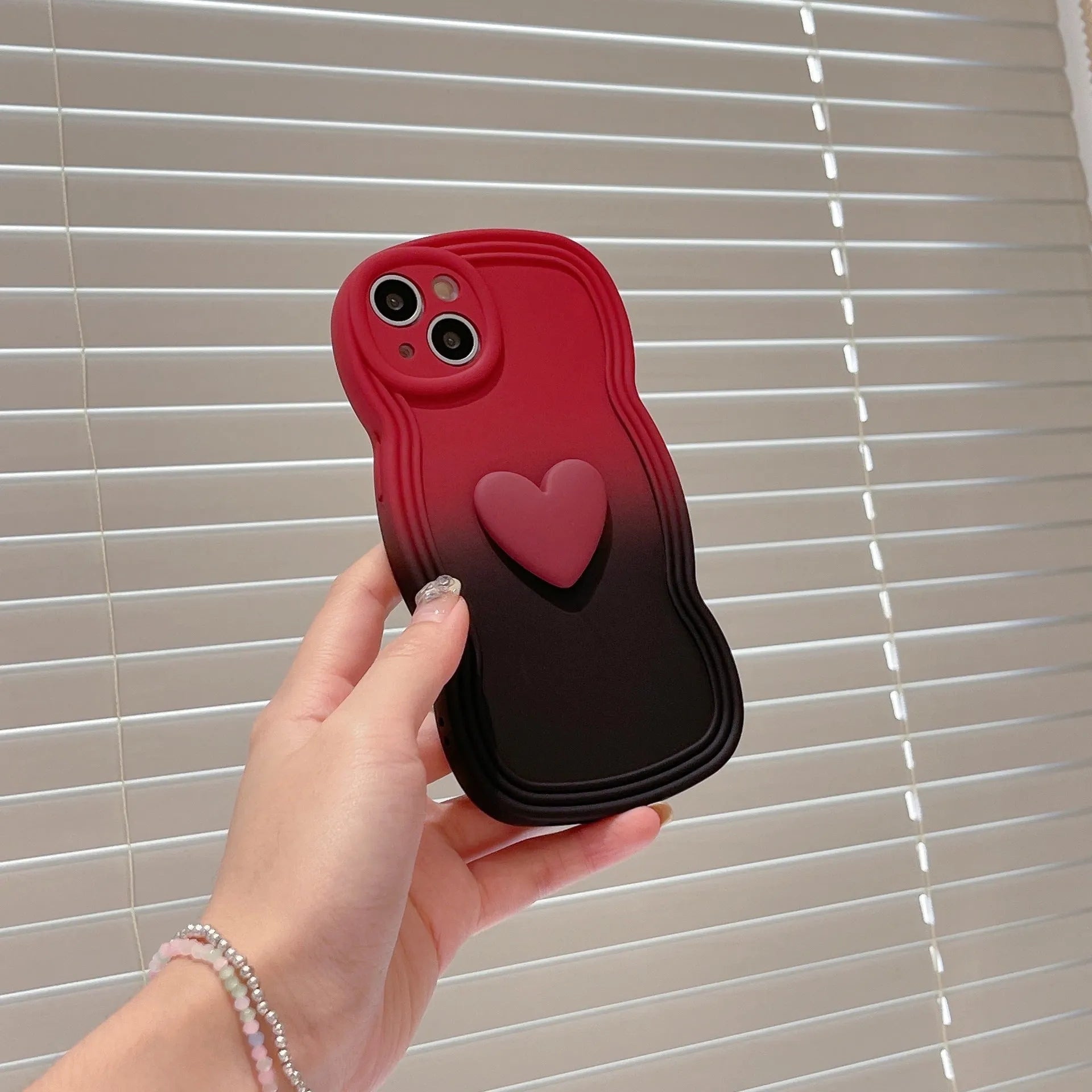 Three-dimensional love gradient wavy edge liquid silicone phone case in red and black, anti-fingerprint, for iPhone 11-14 Pro Max