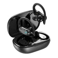 Black IPX7 waterproof ear-mounted sports wireless Bluetooth headset with silicone ear hooks and charging case