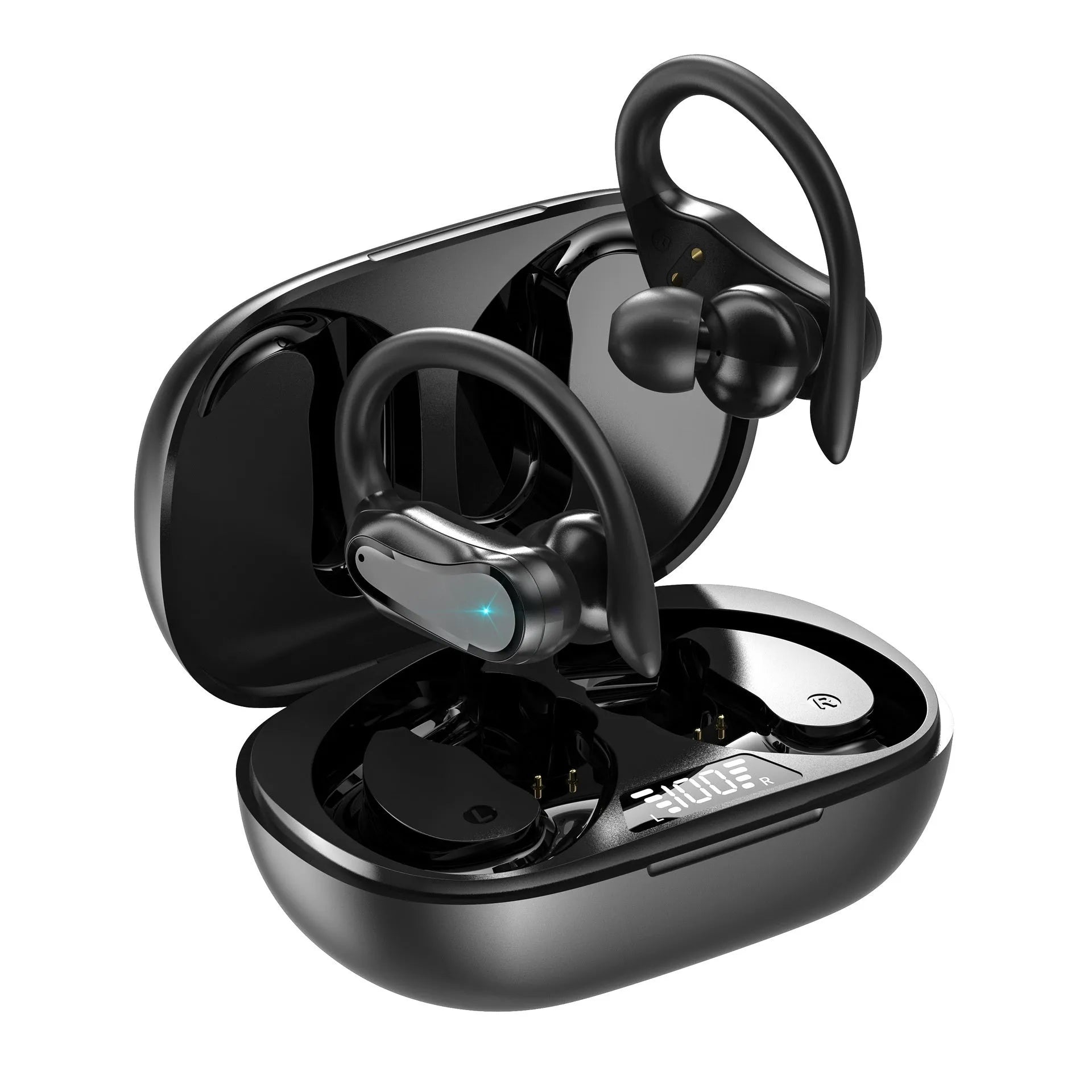 Black IPX7 waterproof ear-mounted sports wireless Bluetooth headset with silicone ear hooks and charging case
