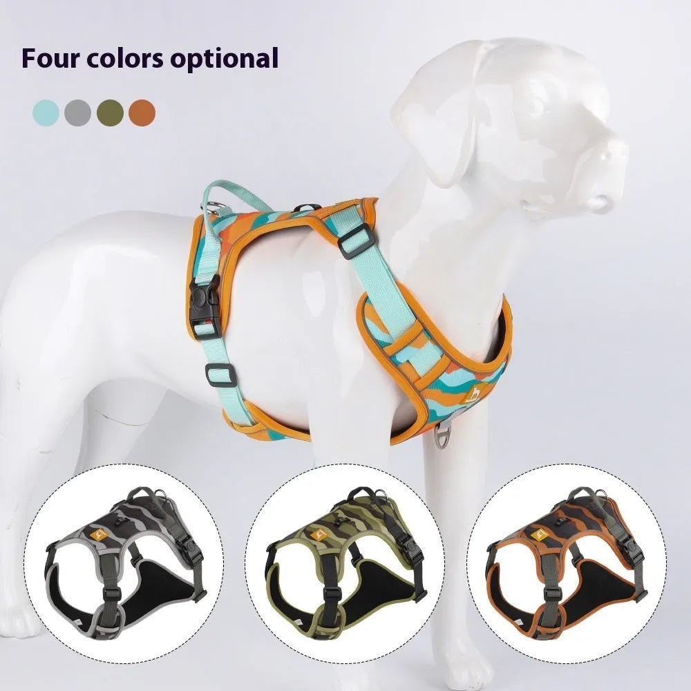 Orange oxford cloth dog harness with reflective strips and an attached hand-holding rope.