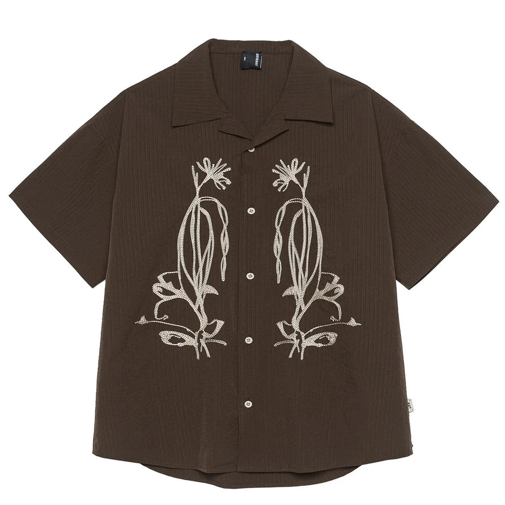 Brown coffee colour stripe pattern outdoor waterproof short sleeve shirt with Cuban collar
