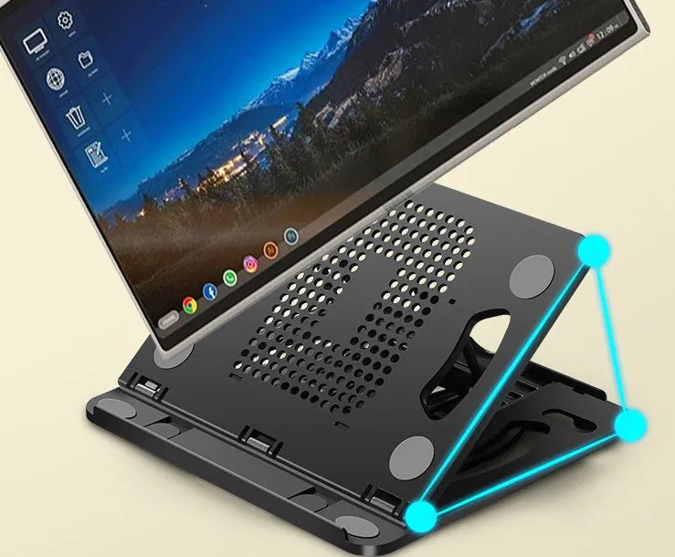 Adjustable portable laptop tablet cooling desktop stand in black, expanded view with eight gears