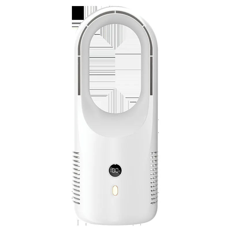 X28 Vaneless bladeless desktop fan with USB port and LED display on a desk