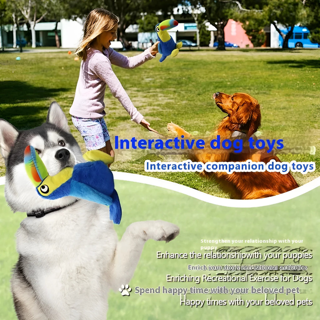 Blue plush big-mouthed bird dog toy for pulling and teasing play