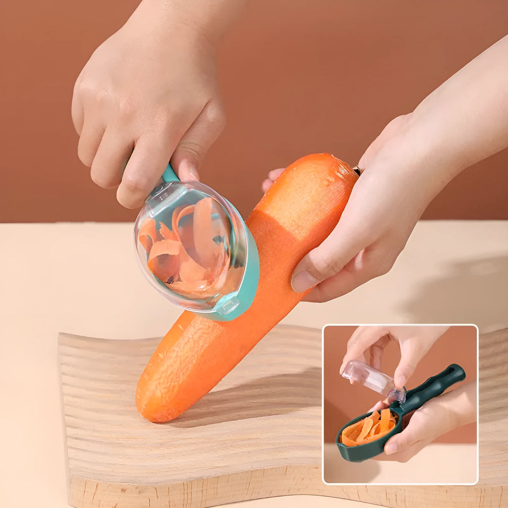 Yellow peeling knife with a storage lid on a kitchen counter