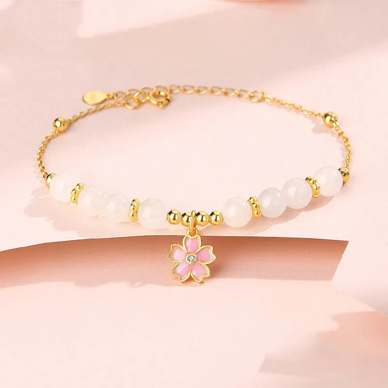 Women's pink bracelet with S925 silver cherry blossom pendant and Hetian jade beads