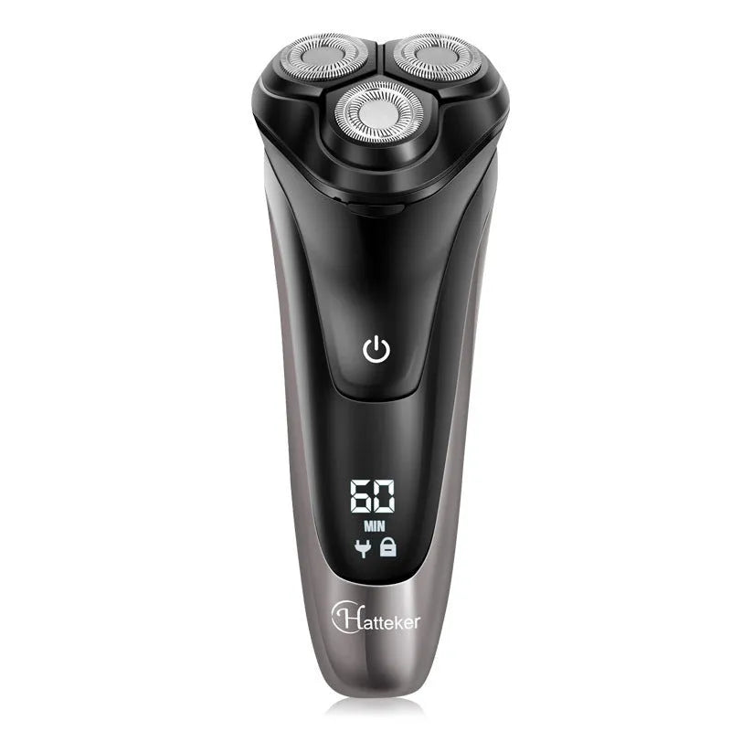 Men's electric shaver with three rotating heads, pop-up sideburn trimmer, USB cable, cleaning brush and velvet bag.