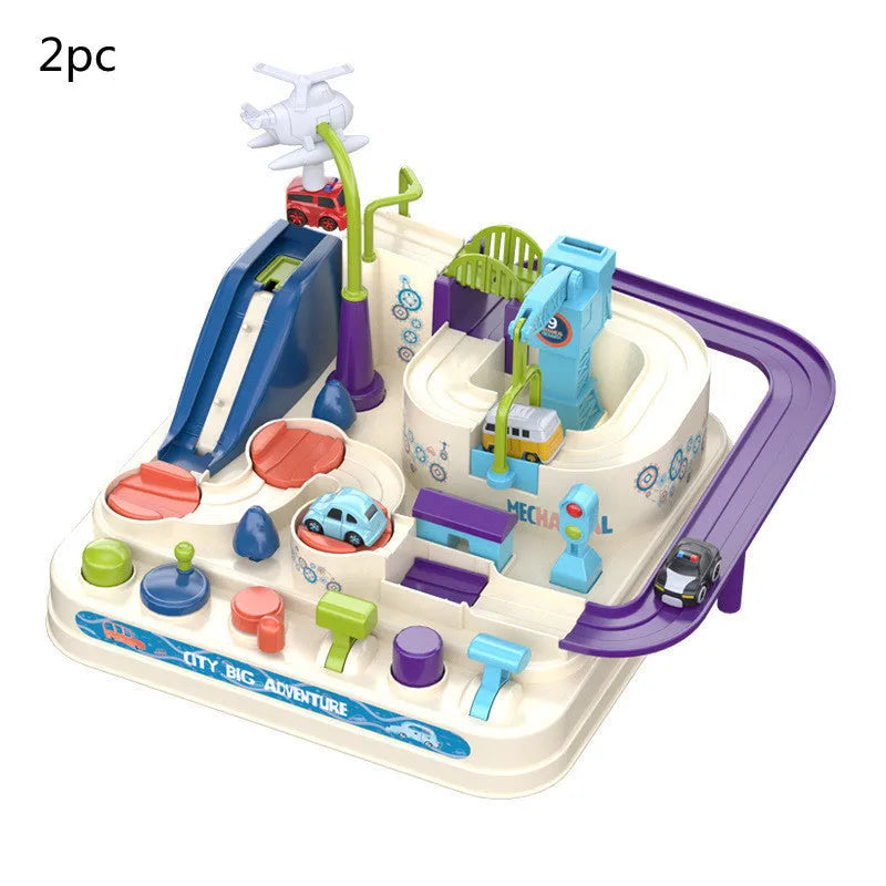Big Adventure plastic toy set with multi-level parking garage, car tracks, and toy vehicles laid out for play.