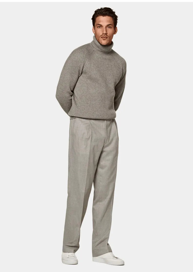 Men's cashmere high-neck knitted sweater in brown colour, 100% goat hair long sleeve pullover