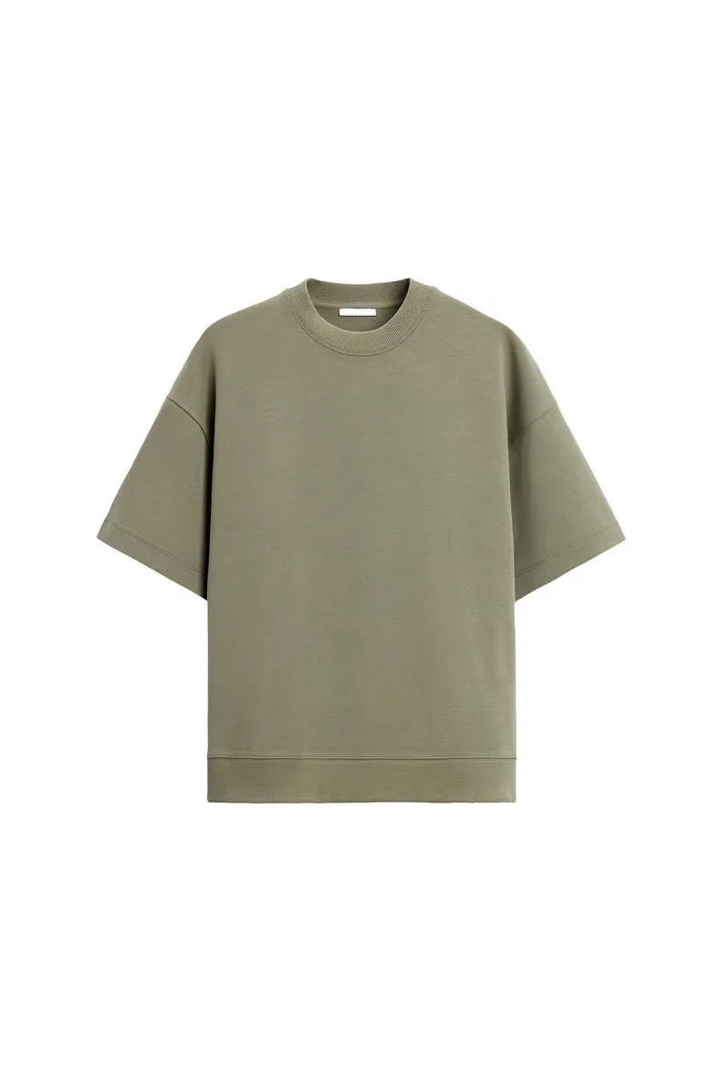 Loose double-sided cloth texture short sleeve shirt and matching shorts casual set on a hanger.