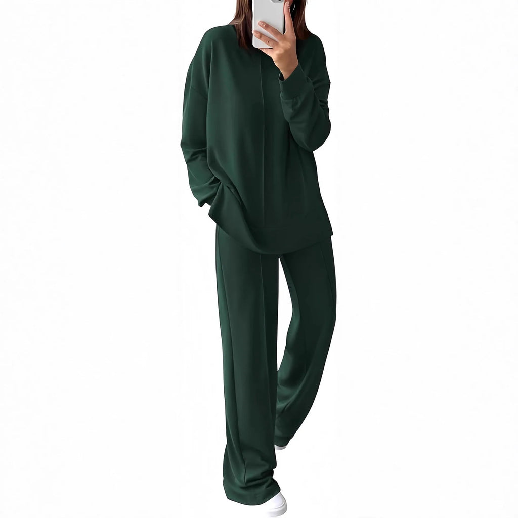 Women's long sleeve polyester jogging suit set shown in army green, available in five other colours.