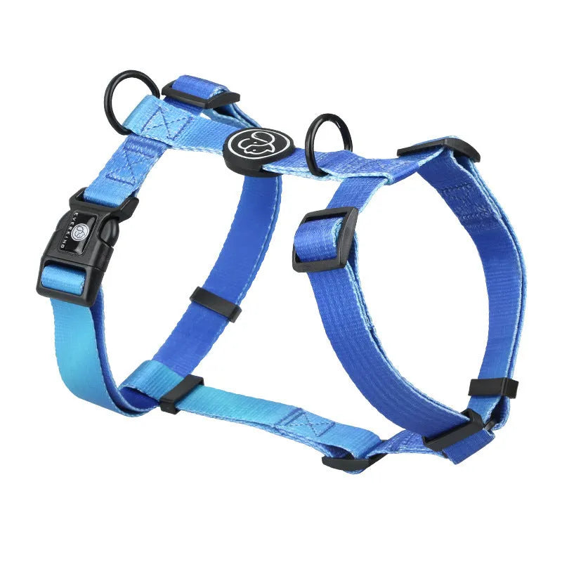 Adjustable polyester pet chest strap harness in a gradient colour, shown in S, M, L sizes.