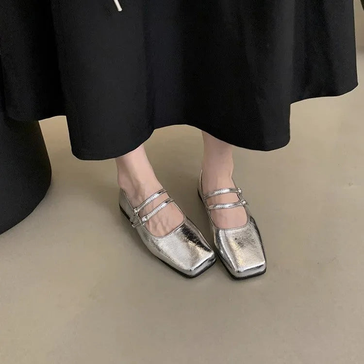 Women's low heel square toe evening shoes in silver, brown, and black solid colours, size 35-39
