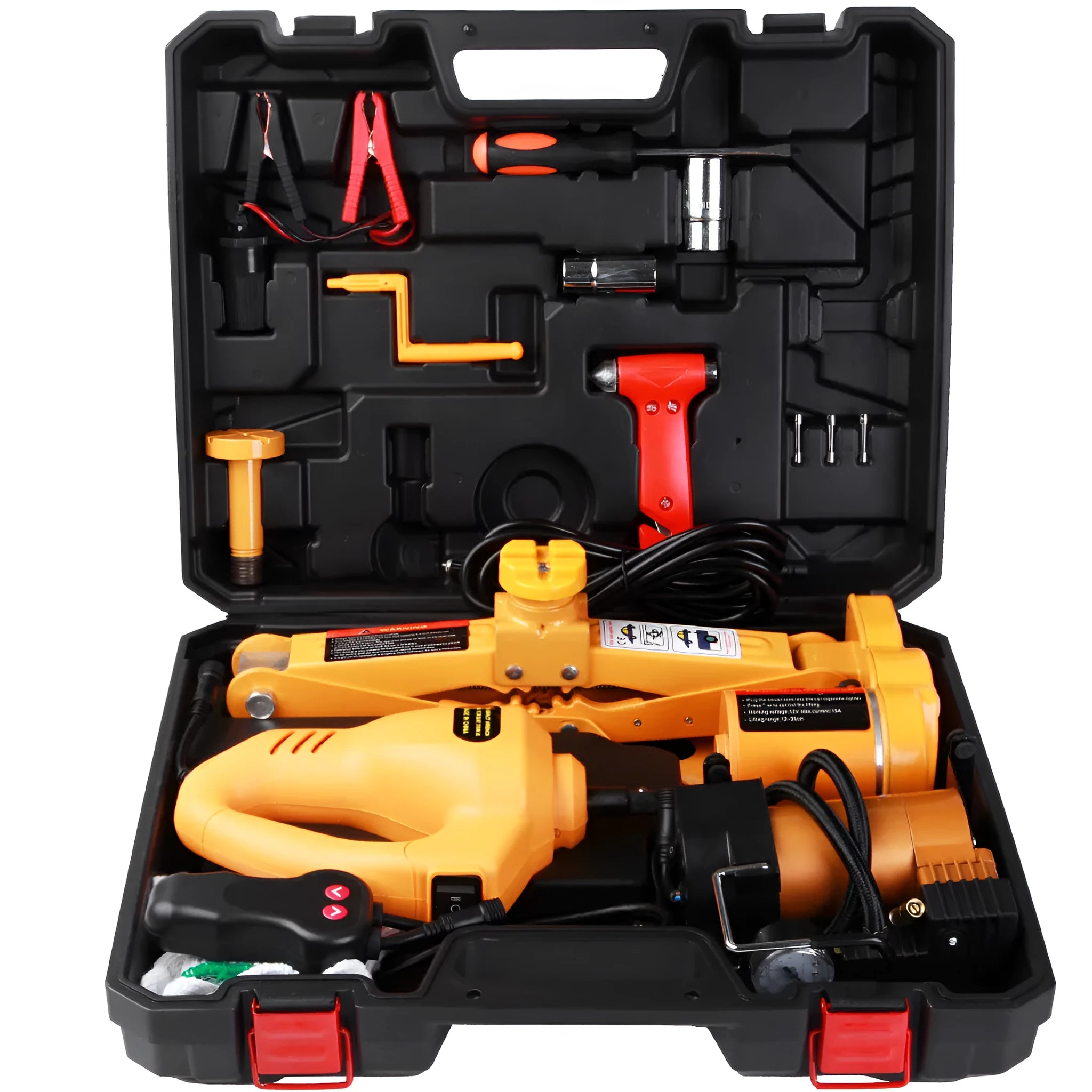 Yellow steel car jack set with electric wrench for automotive tyre changes