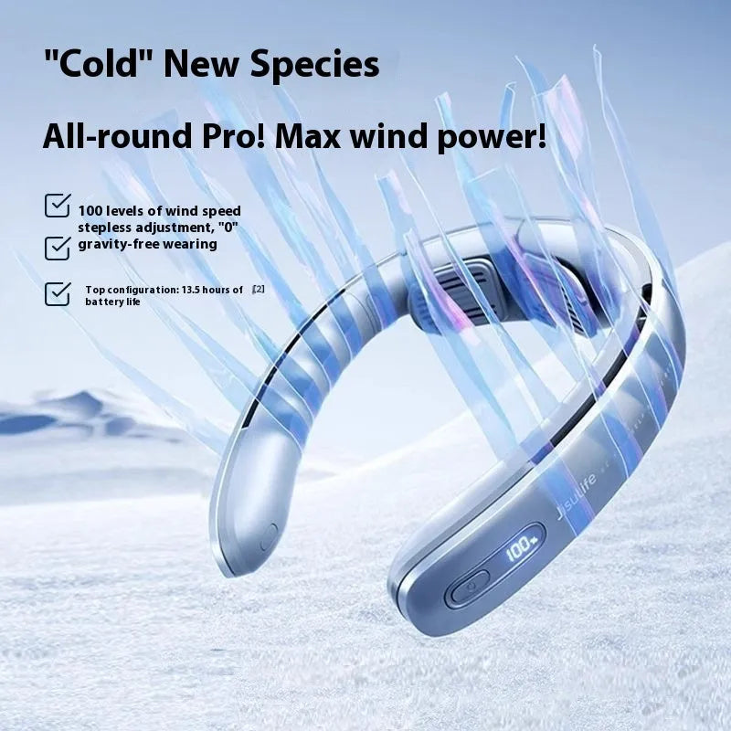 Silver grey hanging neck portable fan with no blades, USB charging port, and button controls
