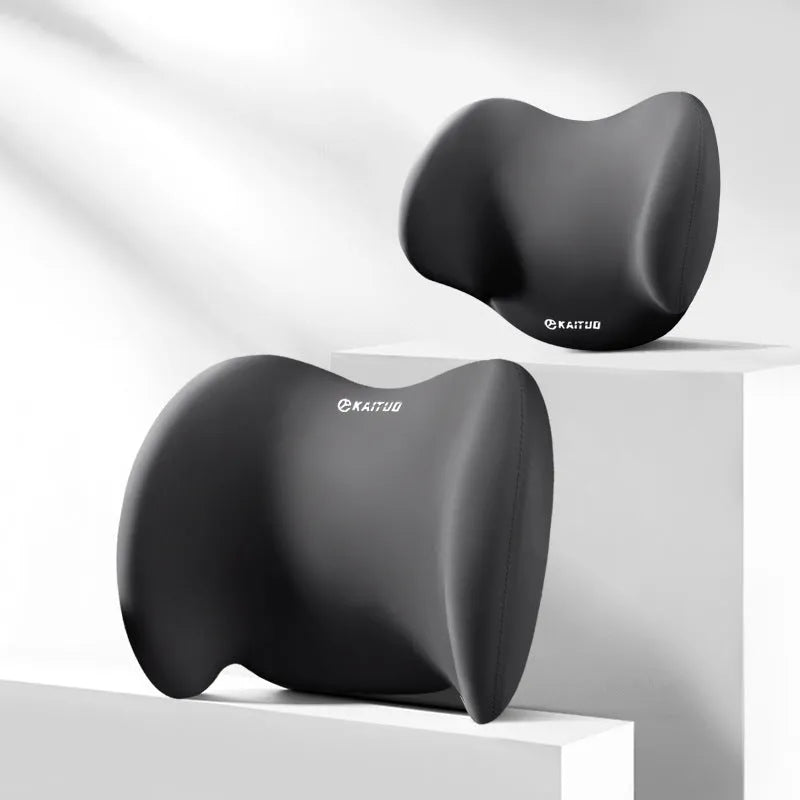 Grey and black memory foam car headrest and lumbar support pillows with cotton covers