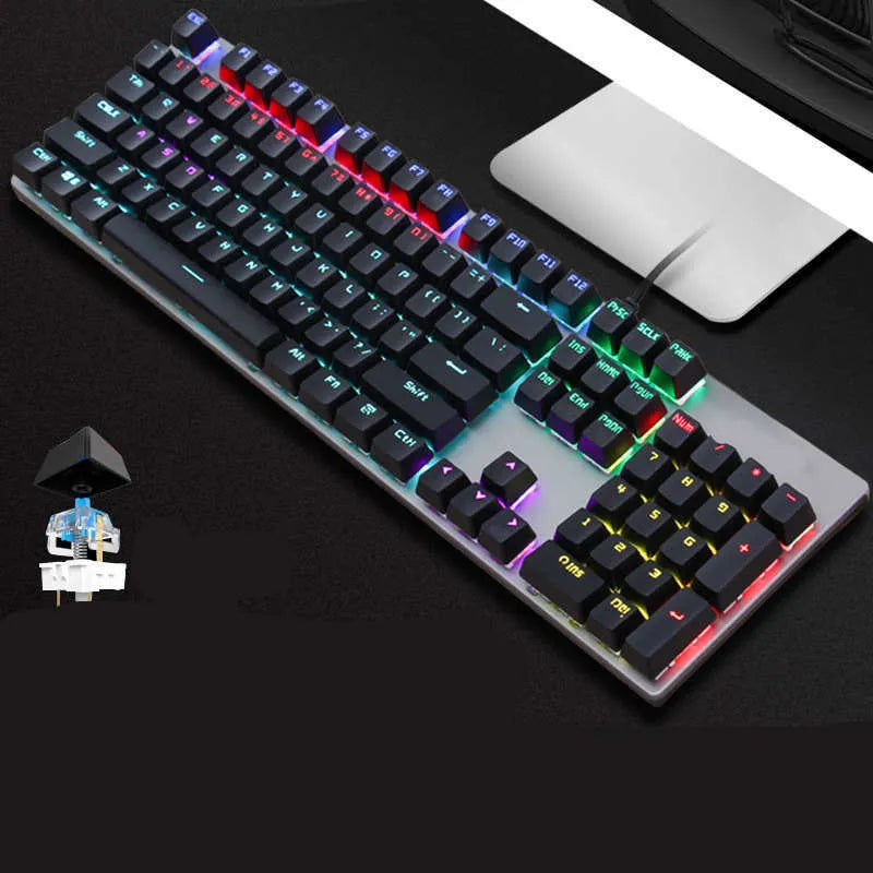 AOC GK410 black mechanical keyboard with backlit keys on a desk, showing full 104-key layout and metal construction