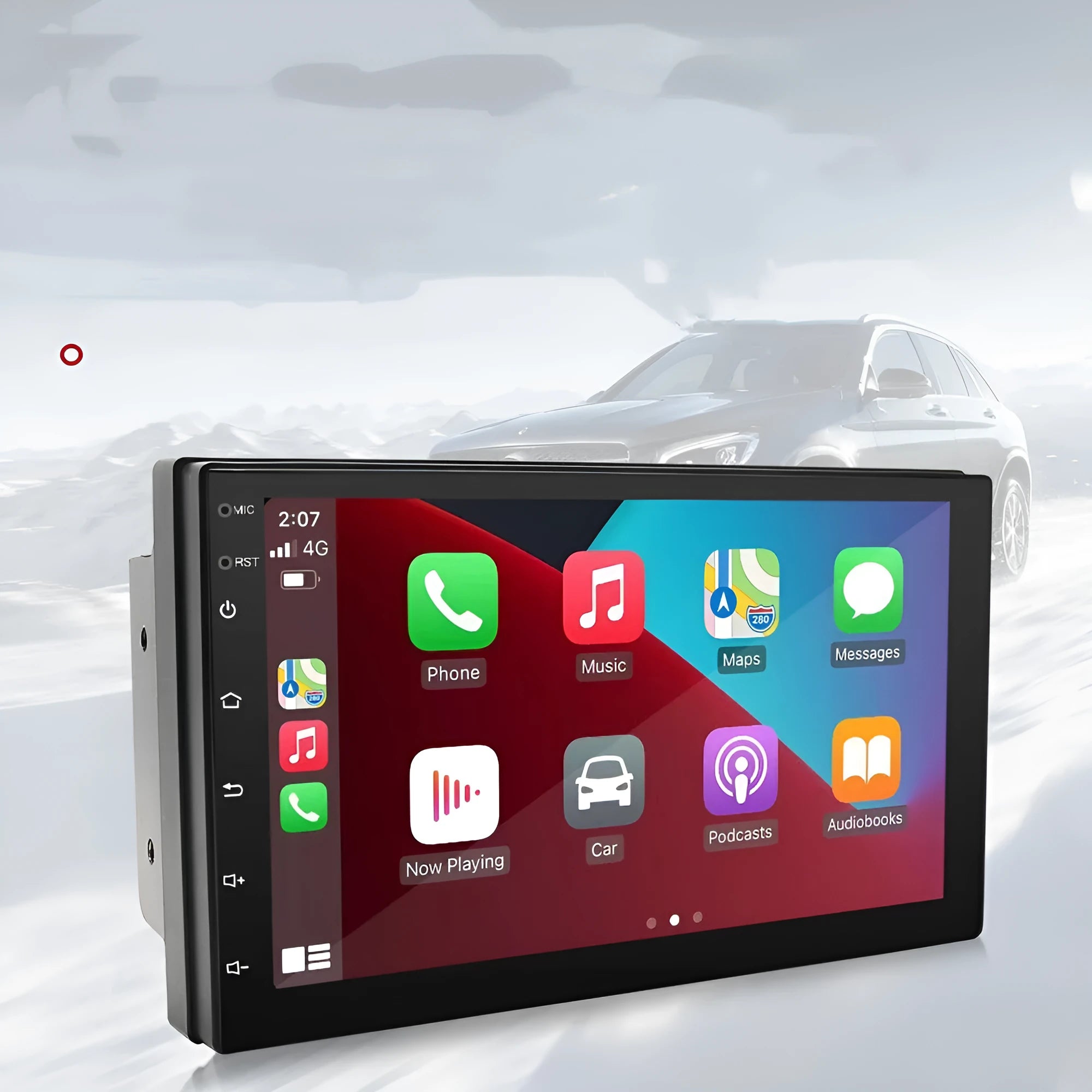 Universal car MP5 player with 7-inch screen showing GPS navigation interface and CarPlay connectivity