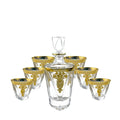 Crystal glass whisky tumbler set with gold line detailing, Nordic style, one wine bottle and six glasses on table