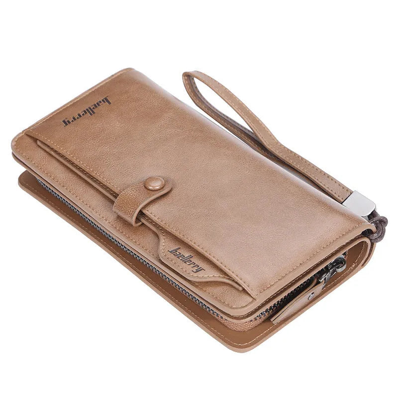 Men's retro multifunction phone bag wallet in brown PU leather with horizontal square design and multiple compartments