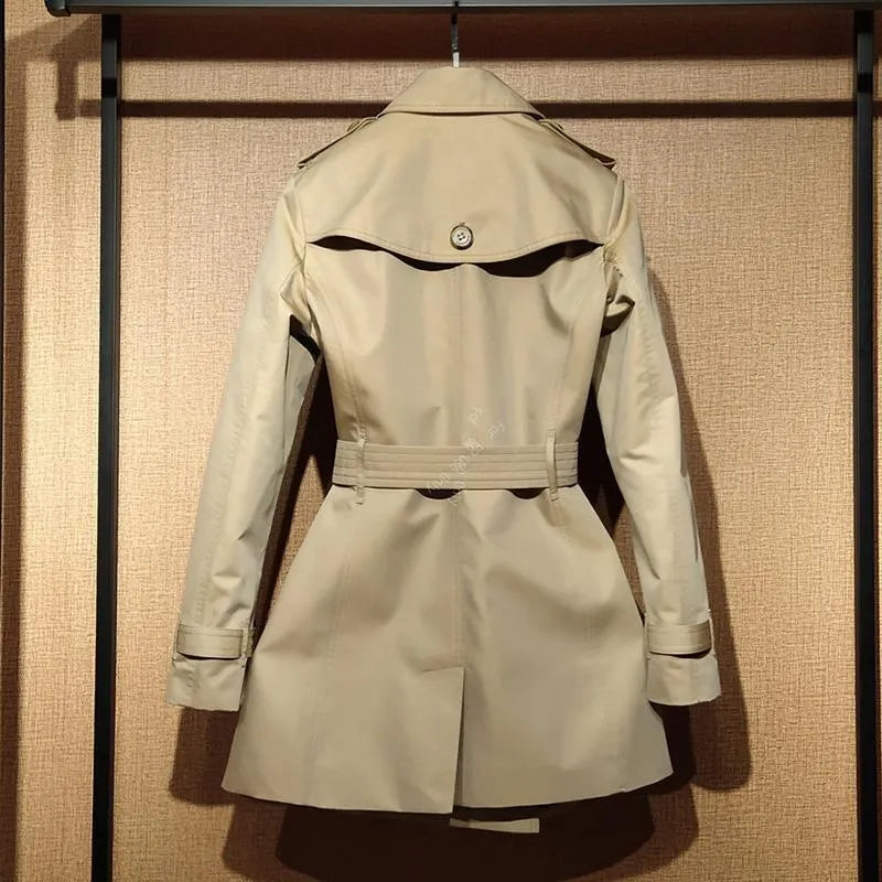 Women's khaki trench coat with double-breasted buttons and flight sleeves